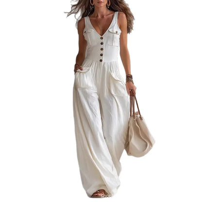 Fashion Sexy V Neck Button Front Boho Rompers Summer Sleeveless Pocket Wide Leg Overalls Casual New Solid Women's Jumpsuit