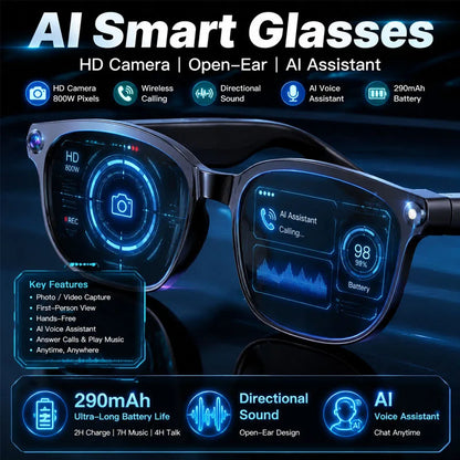 New Smart Glasses 800W HD Pixel Camera Dual Speakers 290mAh Battery Real-time Translation Al Voice Assistant Men Sunglasses