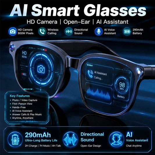 New Smart Glasses 800W HD Pixel Camera Dual Speakers 290mAh Battery Real-time Translation Al Voice Assistant Men Sunglasses