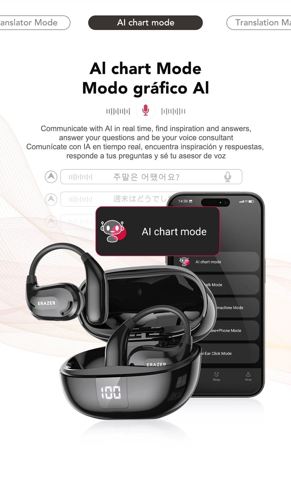 ERAZER XT66PRO Bluetooth Earphones ASMR Headsets DIY APP AI Translator Earbuds Wireless Headphones 13 Hours Long Life Display
