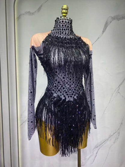 Sparkly Rhinestones Sequins Tassels Bodysuit for Women Sexy Performance Dance Costume Singer Dancer Leotard Show Stage Wear