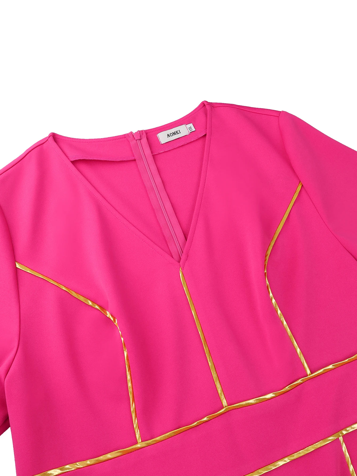 Stylish Rose Women Jumpsuit V Neck Short Sleeve Gold Piping High Waist Flare Leg Long Pants Elegant Causal Office Party Occasion