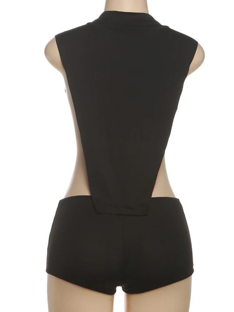 Weird Puss Coquette Women Playsuit Sleeveless Hipster Sexy Ruched Shoulder Side Split Solid Stretch Midnight Clubwear Romper