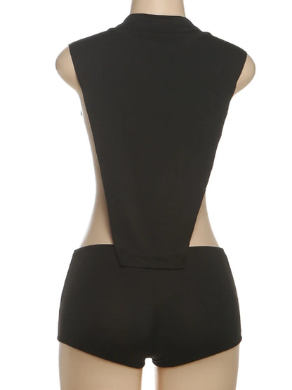 Weird Puss Coquette Women Playsuit Sleeveless Hipster Sexy Ruched Shoulder Side Split Solid Stretch Midnight Clubwear Romper