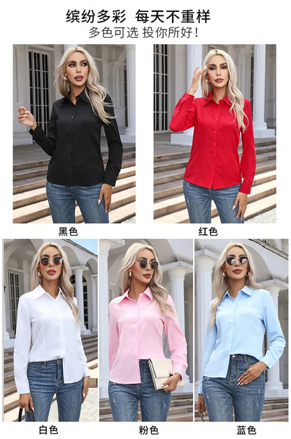 Women Elegant Solid Button Shirt Chiffon Blouse Spring Summer Casual Solid Long Sleeve Turn Down Collar Tunics OL Shirt Tops