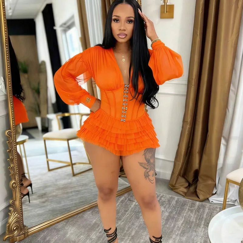 Sexy Mesh Corset Jumpsuit Women Gothic Ruffle Layered Rompers Long Sleeve Sheer Bodysuit Cross-pants Party Nightclub Romper