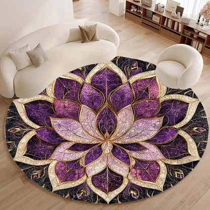 Round Floor Mat with Lotus-shaped Pattern in Golden and Other Tones Suitable As Meditation Cushion for Yoga Zazen,Indoor Read Ru