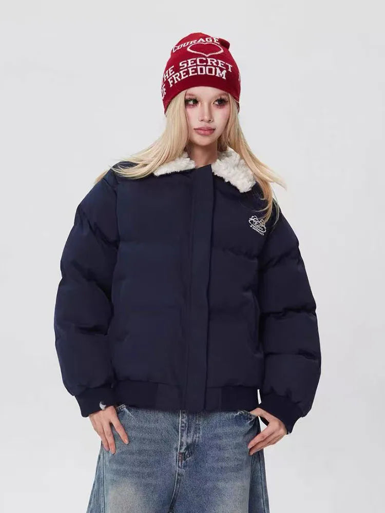 Winter Women Warm Parkas Fashion Fur Patchwork Puffy Coats Y2K Korean Loose Preppy All Match Lapel Down Outwear Mujer