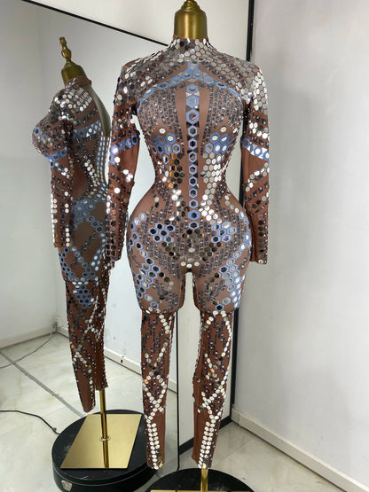 Women Performance Costumes Printed Sequines Rhinestones Spandex High Elastic Bodycon Jumpsuits Nightclub Evening Party Dress