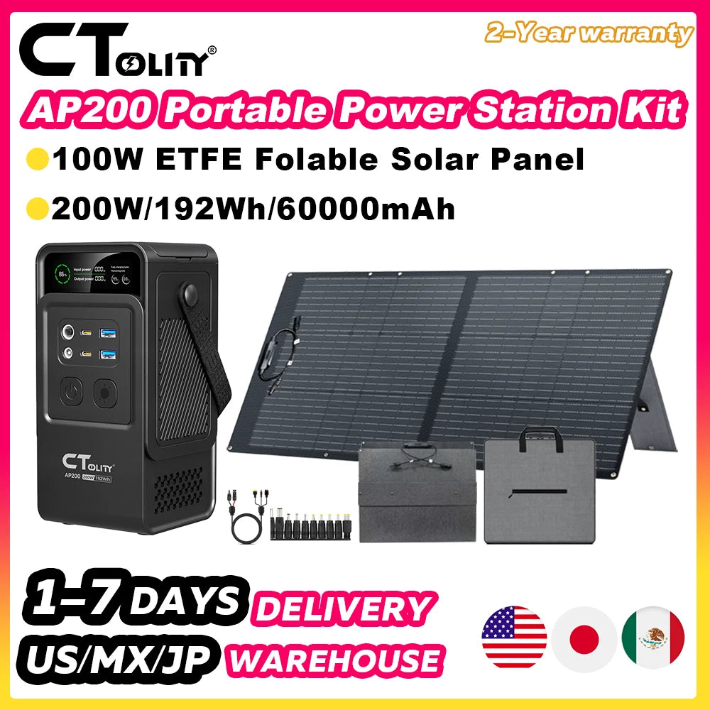 CTOLITY 200W Portable Solar Generator Kit with Foldable ETFE 100W Solar Panel 192Wh Power Station Power Bank for Outdoor Camping Emergency Use LiFePO4 Battery Home Backup Power