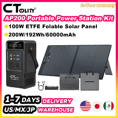 CTOLITY 200W Portable Solar Generator Kit with Foldable ETFE 100W Solar Panel 192Wh Power Station Power Bank for Outdoor Camping Emergency Use LiFePO4 Battery Home Backup Power