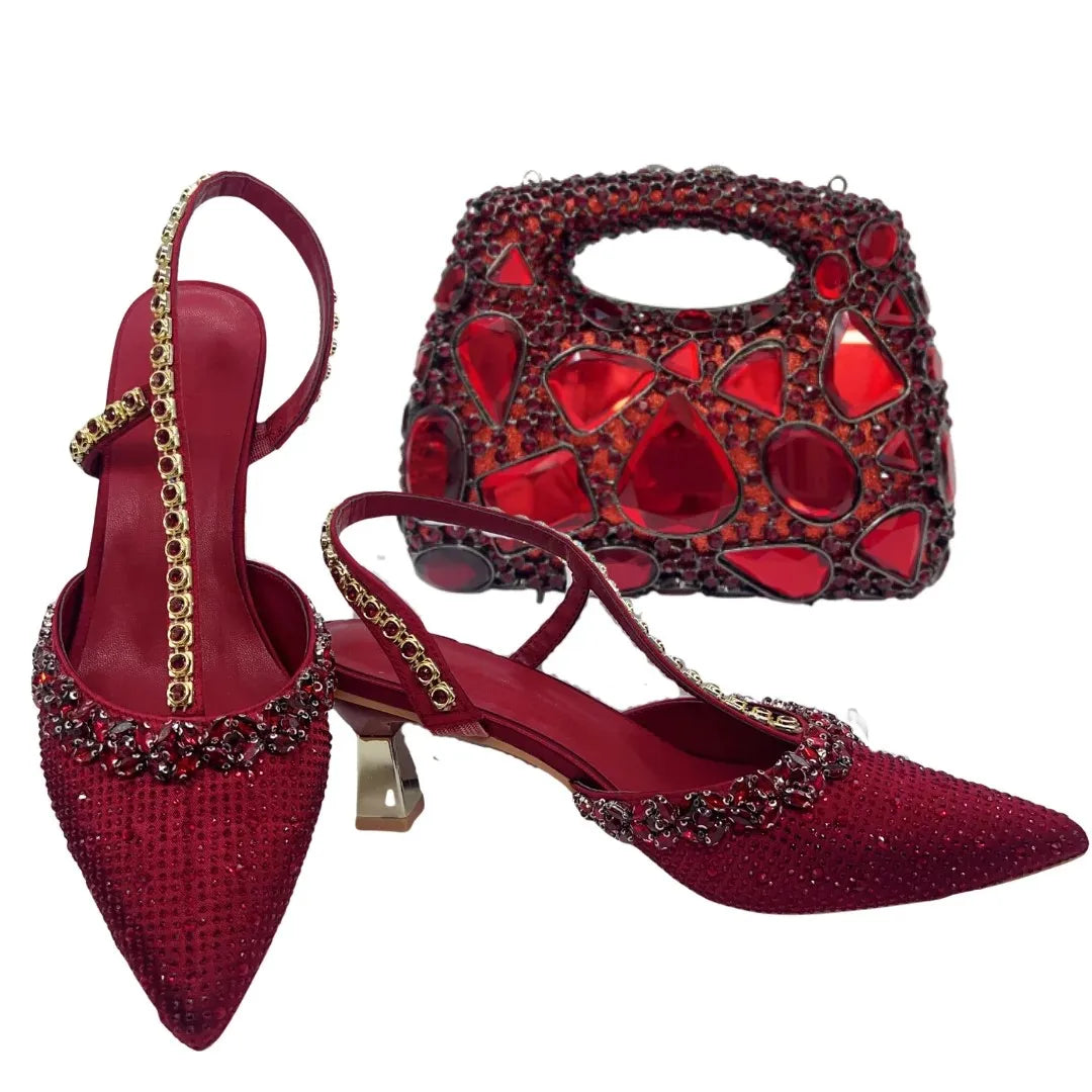 Insightlink Luxury Red Rhinestone Slingback Heels Bow Clutch Set Pointed Toe Shoes for Women Wedding Party Banquet Formal Event
