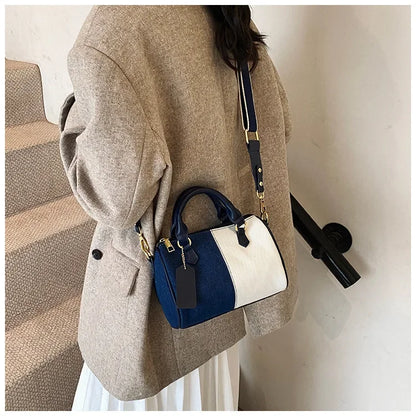 Cross Body Bags Casual Street Small Boston Bag 2025 Designer Purses Patchwork Colorblock Mini Handbags For Women Denim Shoulder