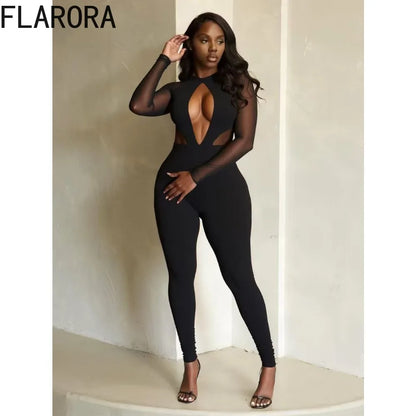 FLARORA Sexy Mesh Patchwork See Through Jumpsuits Woman Long Sleeve Hollow Out Backless Slim Jumpsuit Midnight Party Clubwear