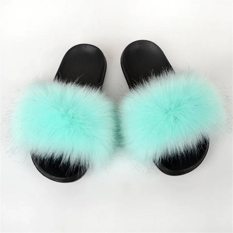 Women's Summer Faux Fur Fox Fur Slippers Fashion Luxury Indoor and Outdoor Non-Slip Solid Color Flat Bottom Furry Sandals