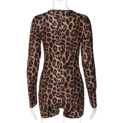 Dulzura Autumn Fashion Sexy V-Neck Long Sleeve Leopard Bodycon jumpsuit Women'S Casual Elegant Romper Party Club Street Clothes