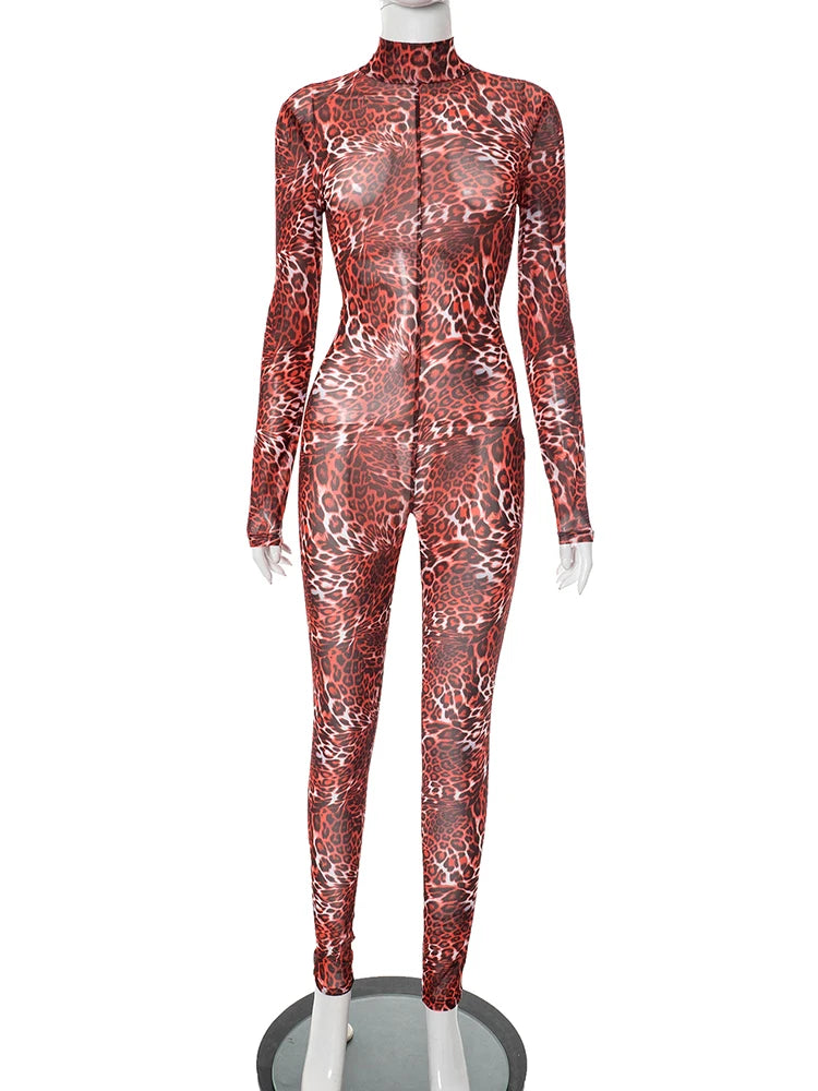 Nibber Hottie Leopard Print Jumpsuits Women Mesh Patchwork Turtleneck Backless Full Sleeve Skinny Peach Hip Hipster Overalls