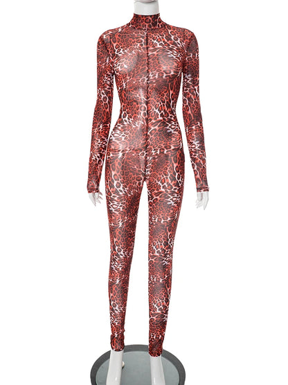 Nibber Hottie Leopard Print Jumpsuits Women Mesh Patchwork Turtleneck Backless Full Sleeve Skinny Peach Hip Hipster Overalls