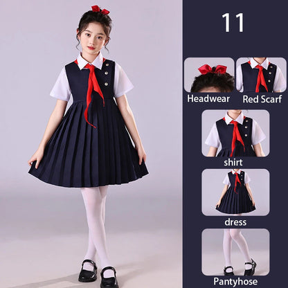 Girls Preppy Style Pleated Jumper Dress Headdress + Bow Tie Pants Suit Children Choir Poetry Performance Fashion School Uniform