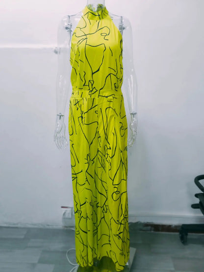 Summer European and American women's wear with elegant waist-cinching sash-tie sleeveless off-shoulder long pants printed jumps