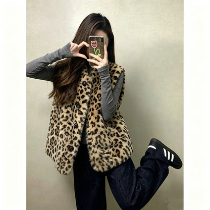 Faux Fur Y2K Leopard Vest Women Loose Vintage Winter Warm O Neck Streetwear Vests Casual Harajuku American Retro Lady Vest Coat