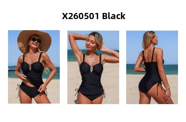 Nylon Tankini Swimsuit Two-Piece Swimwear High Elasticity Quick Dry Female Adult Pure Color European Style Swimming Water Sport