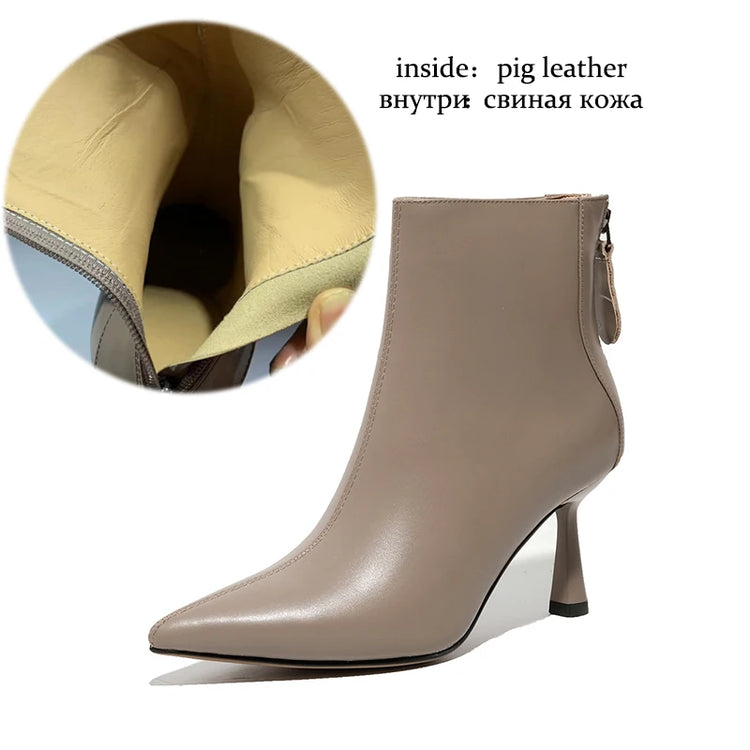 Krazing Pot Big Size 42 Cow Leather Pointed Toe High Heels Chic Design Concise Winter Spring Shoe Dress Warm Wedding Ankle Boots
