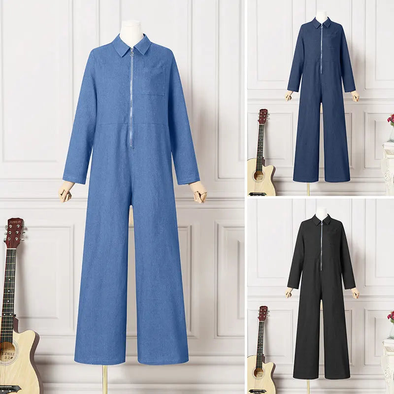2024 Spring New Women's Jumpsuit Street Style Retro Washed Denim Fabric Lapel Half Open Long Sleeved Women's Jumpsuit