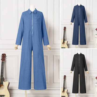 2024 Spring New Women's Jumpsuit Street Style Retro Washed Denim Fabric Lapel Half Open Long Sleeved Women's Jumpsuit