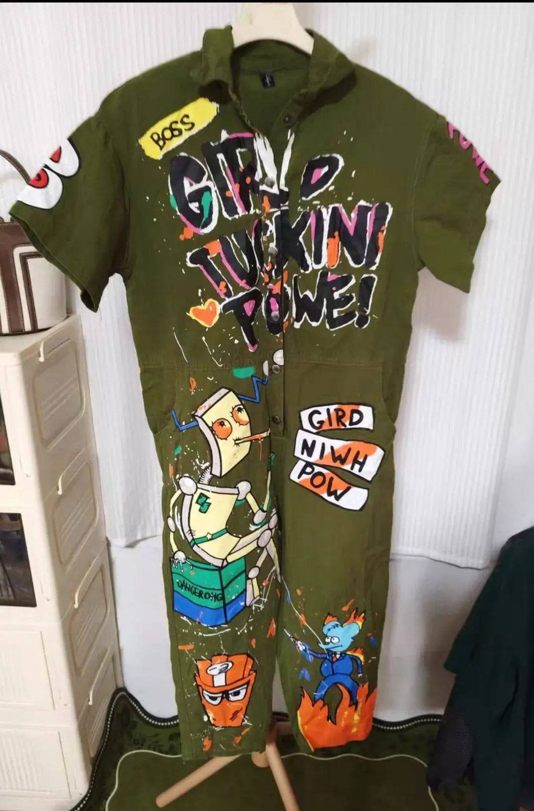 New Women Cartoon Graffiti Printing One Piece Overalls Mandarin Collar Short Sleeve Jumpsuit Hip Hop Design Rompers Baggy Pants