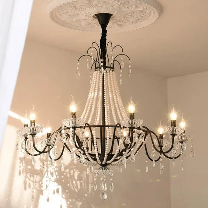 European Living Room Gold Candle E14 Chandelier Luxury Crystal Pearl Led Pendant Lights Villa Decor Led Suspend Lamp Luminarias