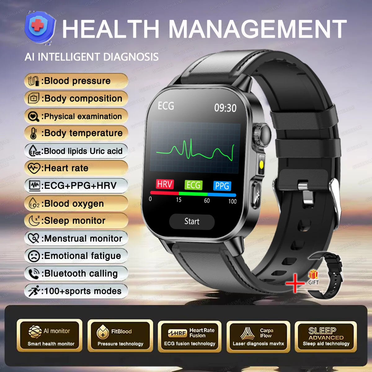 2026 Original Women Health Accurate Diagnosis Smart Watch ECG+HRV BP Blood Oxygen Uric Acid Heart Rate Bluetooth Call Smartwatch