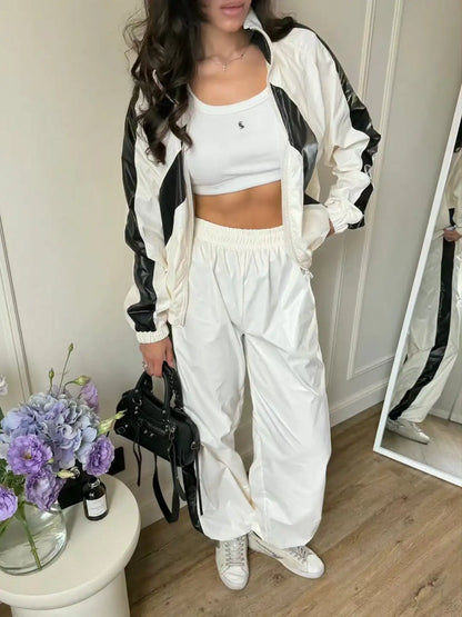 Chevron Stripe Windbreaker Tracksuit Women Casual Zip Cropped Jacket Contrast Trim Shorts Suit Lady Daily Jogging Street Outfit