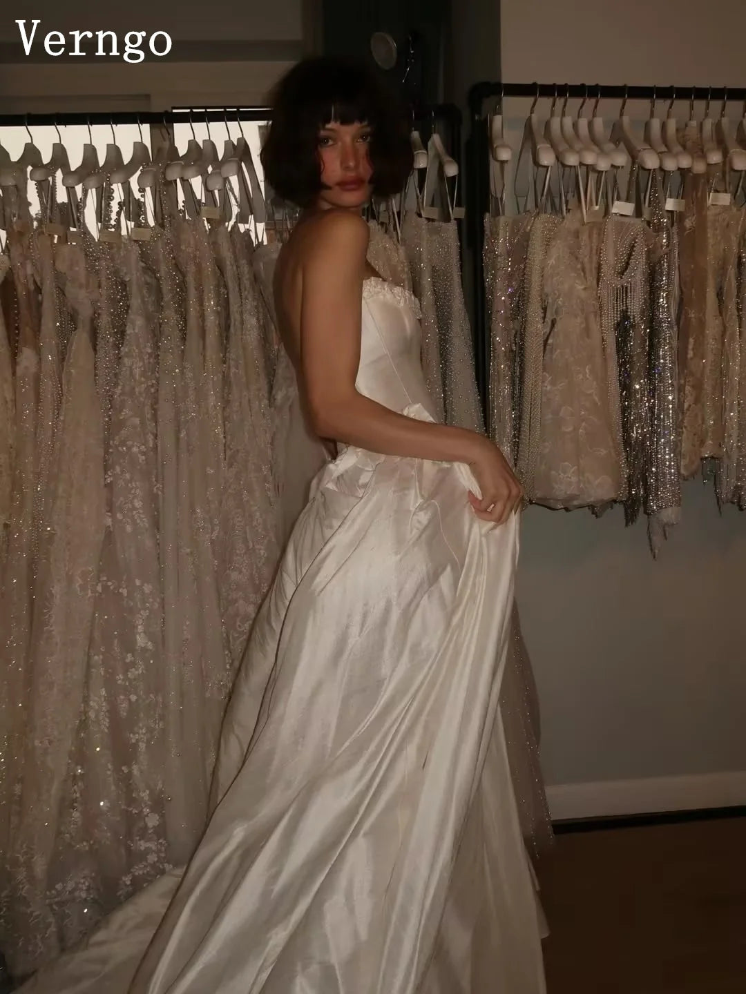 Verngo Modern Satin Wedding Dress Strapless Pleated Simple Bridal Gowns Women Classy Sweep Train Bride Dresses Customized