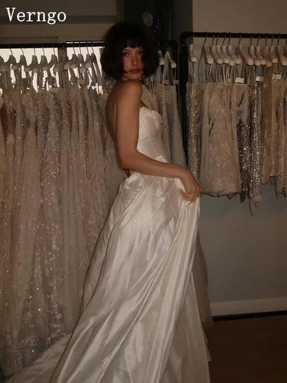 Verngo Modern Satin Wedding Dress Strapless Pleated Simple Bridal Gowns Women Classy Sweep Train Bride Dresses Customized