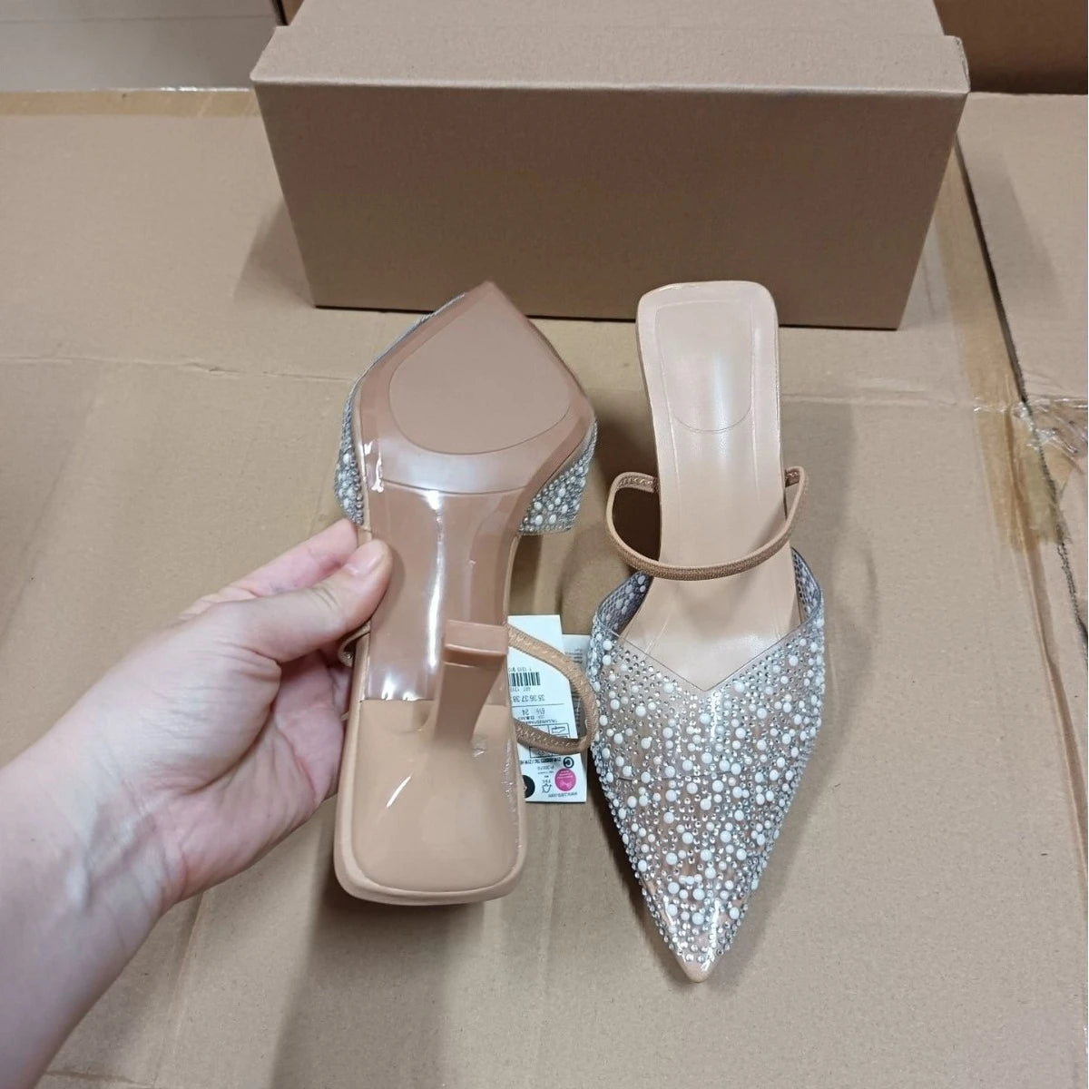 2026 New Fall Women Pointed Toe Stiletto Heel Sandals Peep Toe Clear PVC Rhinestone Pearl Embellished Fairycore Ethereal Dressy Party Shoes