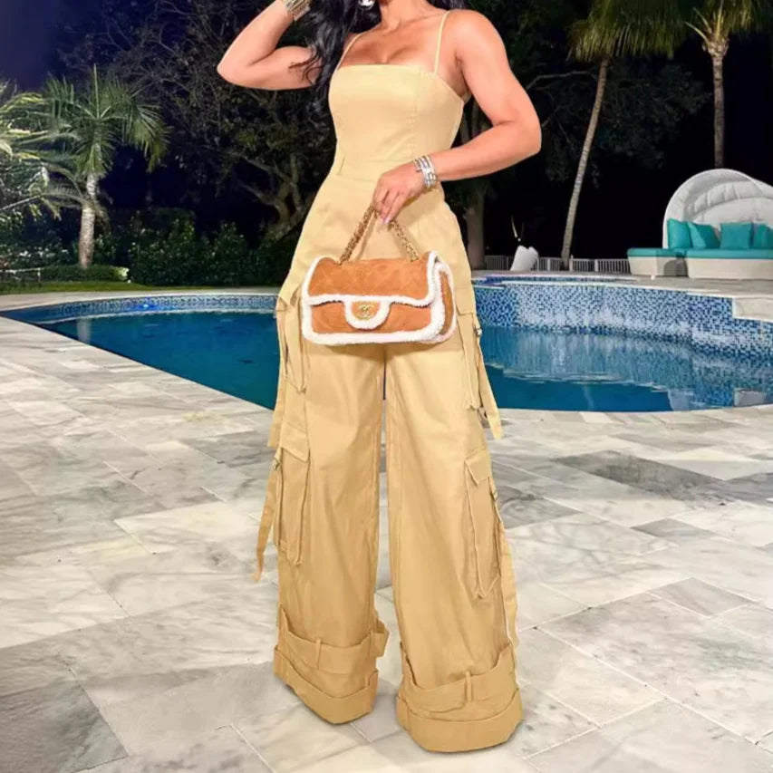 Jumpsuits Women One Piece Cargo Pant Wide Leg Long Pants Loose Casual Sling Sleeveless Overalls Y2k Strapless Solid Rompers