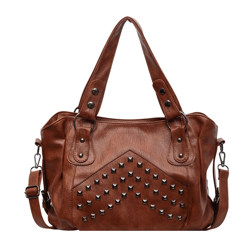 Rivet Punk Large Capacity Handbags Top Quality Sturdy Soft Leather Casual Tote Bag Shoulder Crossbody Bags Daily Commute Travel