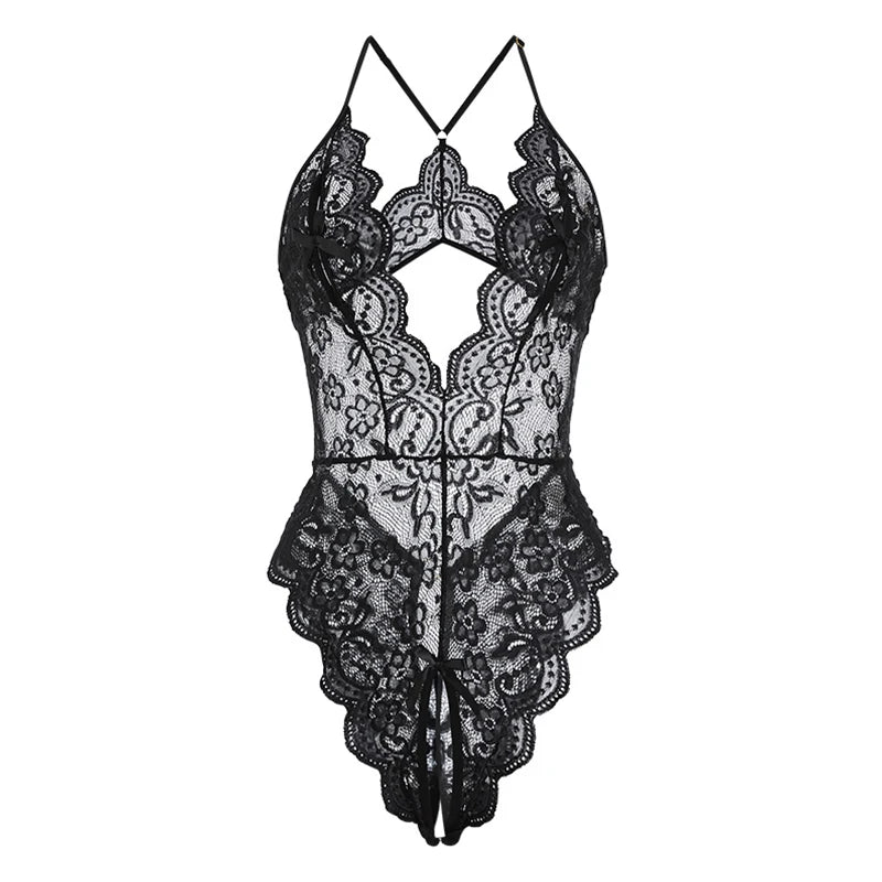 Sexy Crotchless Bodysuit Women Lace Hollow Rompers Erotic Clothes Deep V Open Bra Teddy Bodysuits Dress Black Jumpsuit One Piece
