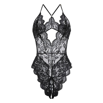 Sexy Crotchless Bodysuit Women Lace Hollow Rompers Erotic Clothes Deep V Open Bra Teddy Bodysuits Dress Black Jumpsuit One Piece