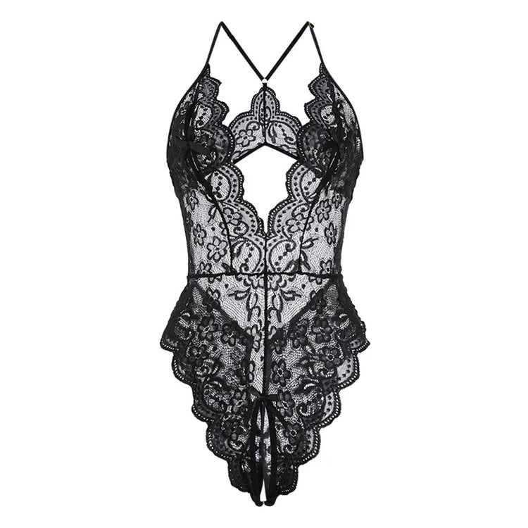 Sexy Crotchless Bodysuit Women Lace Hollow Rompers Erotic Clothes Deep V Open Bra Teddy Bodysuits Dress Black Jumpsuit One Piece