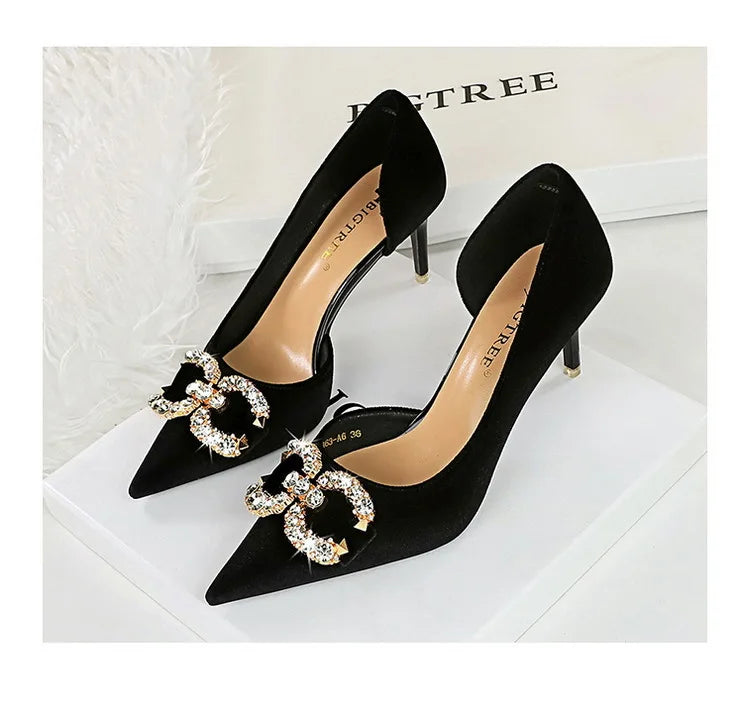 BIGTREE Party Pumps 7cm Thin High Heels Western Style Velvet Shallow Pointed Toe Side Hollow Crystal Pearl Bow Lady Shoes Pink