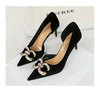 BIGTREE Party Pumps 7cm Thin High Heels Western Style Velvet Shallow Pointed Toe Side Hollow Crystal Pearl Bow Lady Shoes Pink