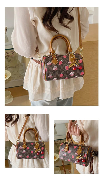 2026 Luxury Designers Crossbody Bags Cherry Pattern PU Leather Boston Handbag Shoulder Bags Bolsos Mujer Bags Woman Tote Bag