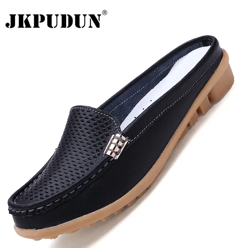 Women Casual Shoes Hollow Out Lady Half Lofers Genuine Leather Flats Moccasins Women Luxury Brand Half Slippers Zapatillas Mujer