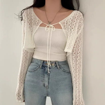 Women Tie Front Crop Cardigan Sheer Openwork Crochet Knit Top Lightweight Bolero Sweater Summer Fairycore Boho Chic Beach Outfit
