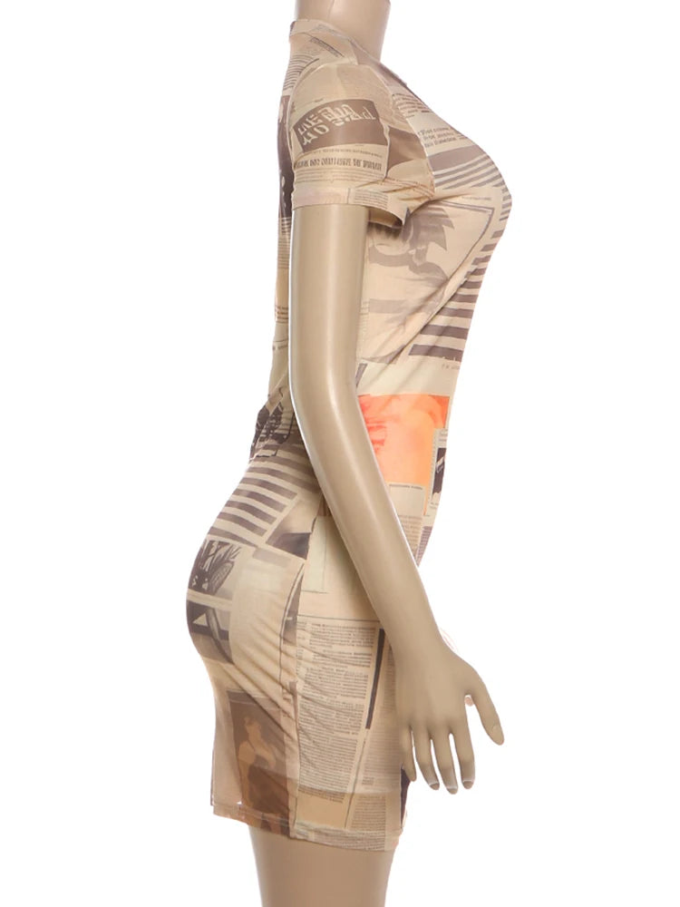 SIsterlinda Newspaper Print Chic Sexy Dress Woman Fashion O-Neck Short Sleeve Skinny Peach Buttocks Midnight Club Party Bodycon