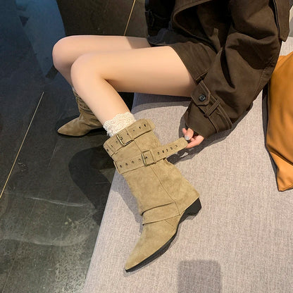 2025 Pointed Toe Women's Winter Boots Designer Mid Heels Elegant Shoes Pumps Fashion Boots New Trend Dress Gothic Ladies Boots