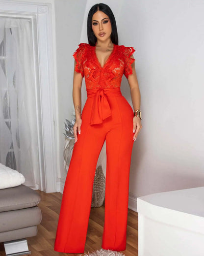 Women's Jumpsuit Elegant Lace V Neck Short Sleeve High Waisted Wide Leg Rompers Sports Fitness Party Banquet Jumpsuites Sexy Y2K