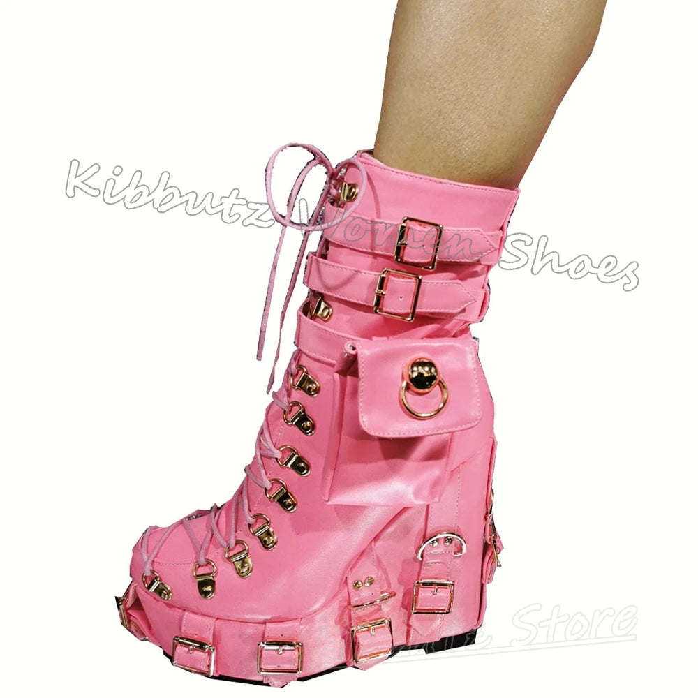 Platform Ankle Boots Belt Buckle Button Lace-Up Women Shoes Round Toe Wedges Solid Color Fashion Luxury Elegant Concise Sexy New
